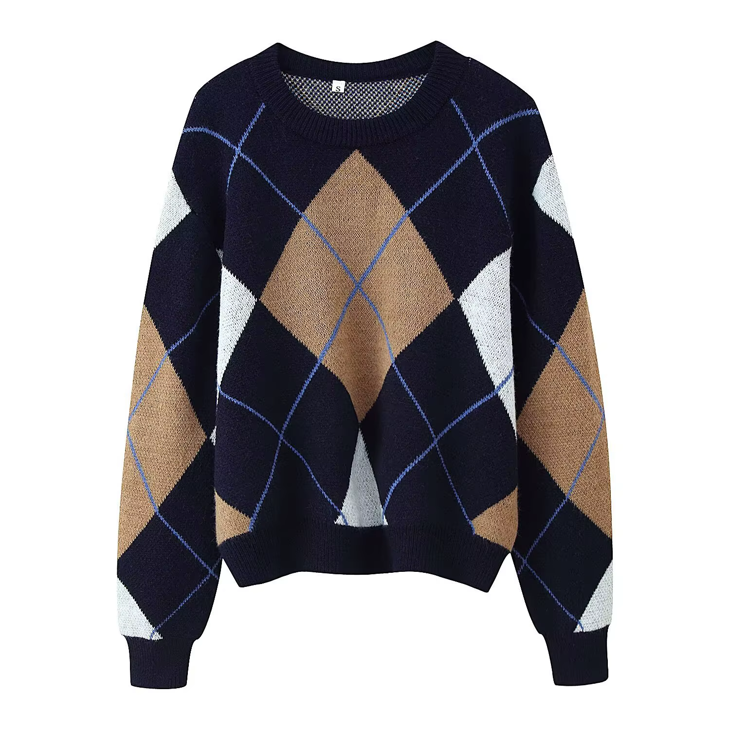 Pull décontracté à col rond bleu foncé à motif losanges