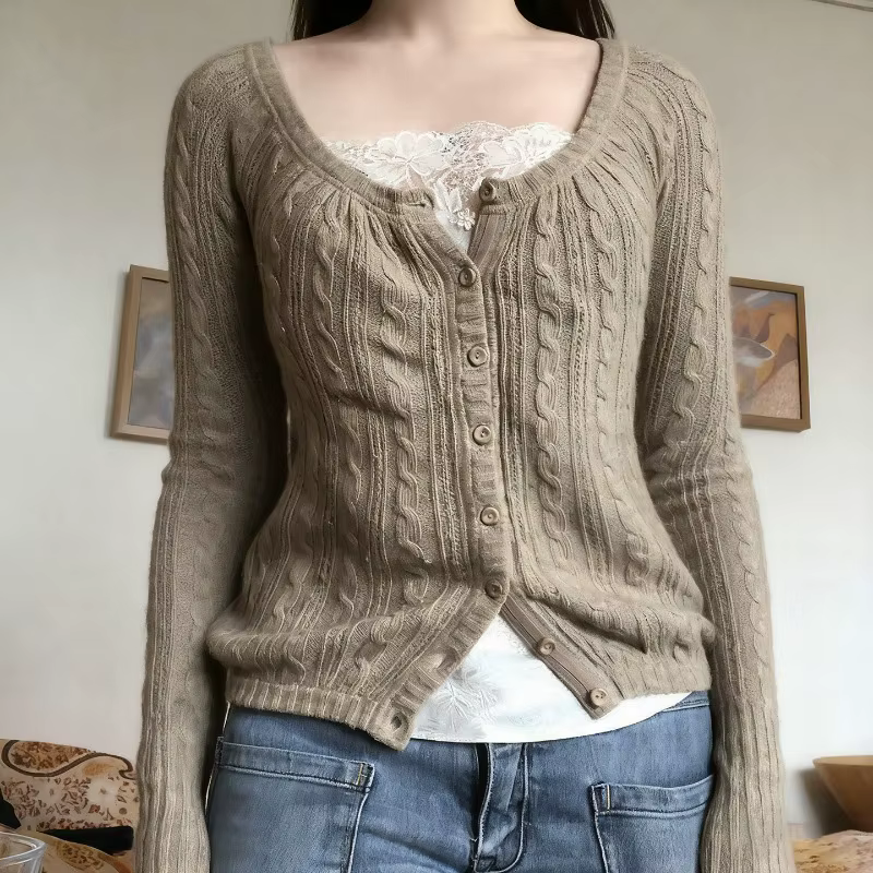 Cardigan américain à boutonnage rétro avec tempérament élégant et haut tricoté pour femme