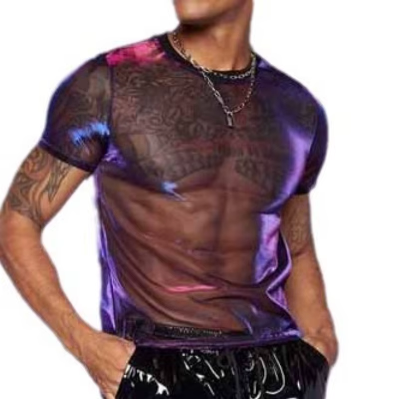 T-shirt en maille transparente brillante pour homme, col rond, manches courtes, haut sexy pour soirée, camisetas, haut transparent pour boîte de nuit, costume, t-shirts