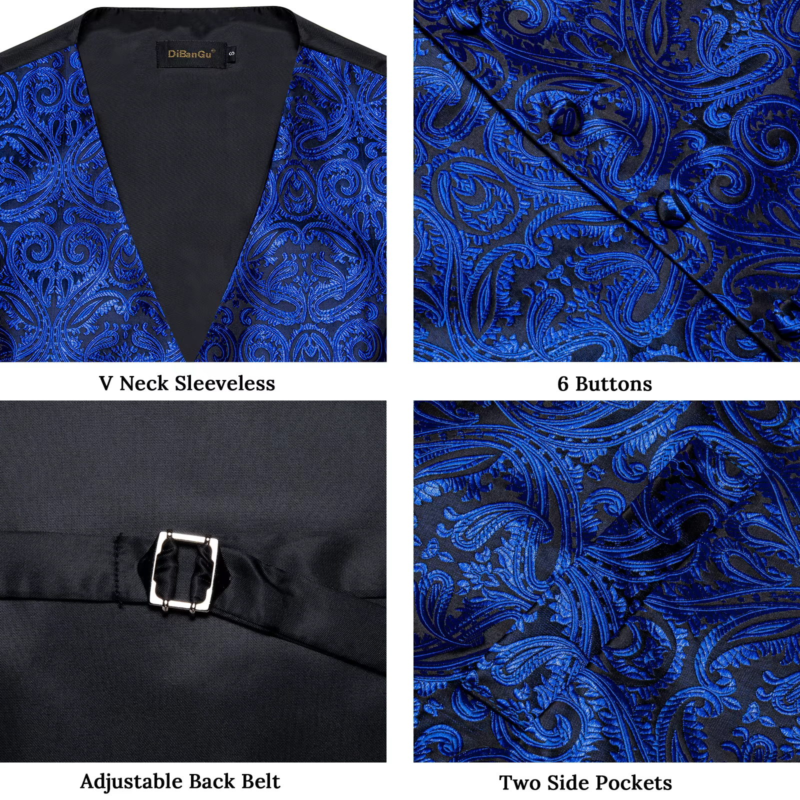Gilet de costume de luxe pour hommes, bleu Royal, Paisley, avec cravate au cou, mouchoir, boutons de manchette, manches de smoking pour bal de mariage