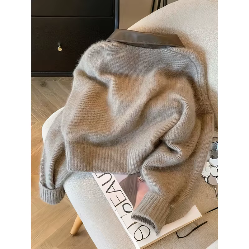 Patchwork fermeture éclair recadrée Cardigan femmes 400g épais automne tricoté pull Bomber veste Vintage 2000s court ajusté tricots manteau