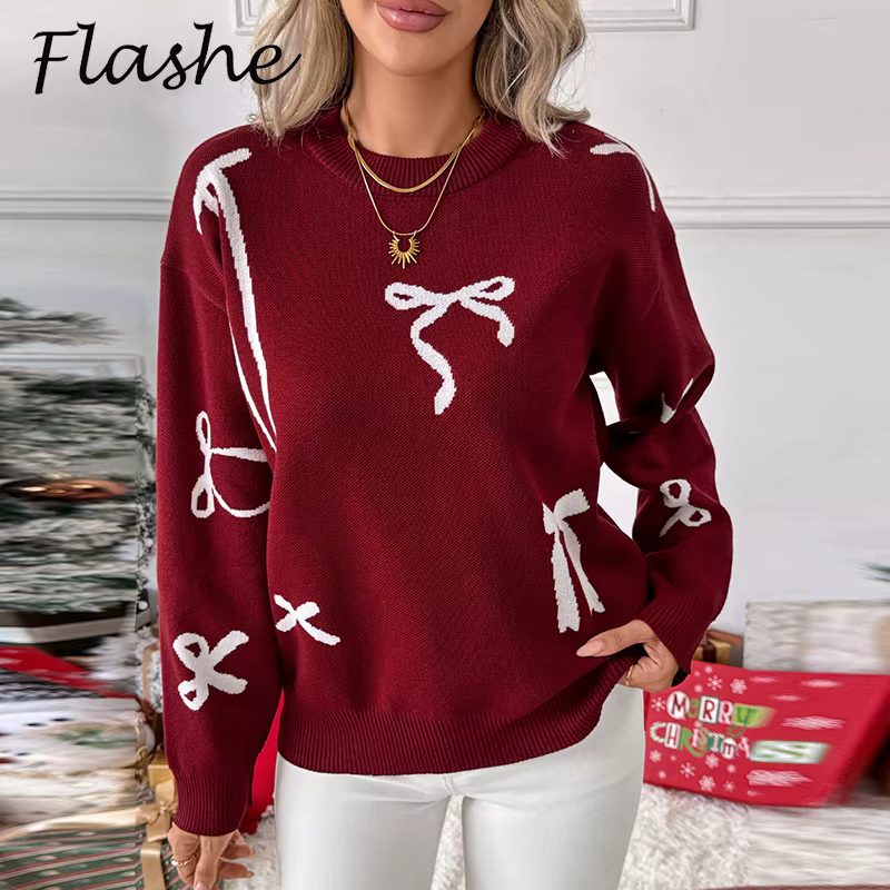 Pull de noël femmes décontracté col rond à manches longues imprimé chandails tricotés