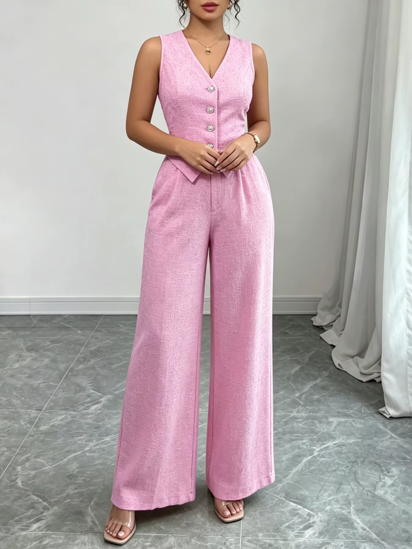 Ensemble chic pour femme : gilet rose sans manches à col en V boutonné et pantalon large taille haute en tweed – Idéal