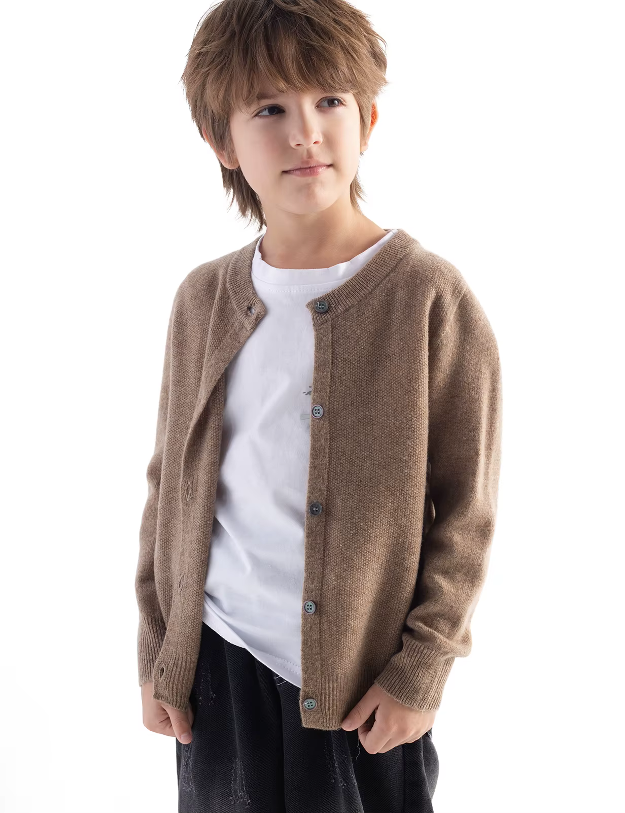 Cardigan 100% laine mérinos pour garçons et filles, automne-hiver, col rond, manches longues, pull sans couture, haut pour enfants, manteau en laine