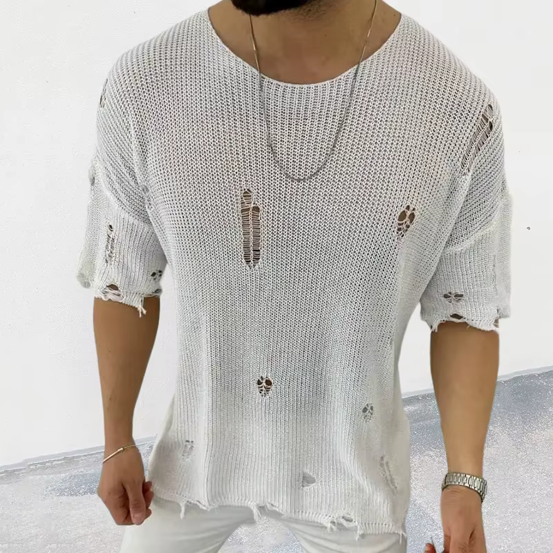 Pull fin à manches courtes et col rond pour hommes, chemise en tricot Amissié, t-shirt décontracté, streetwear masculin, été, 2023