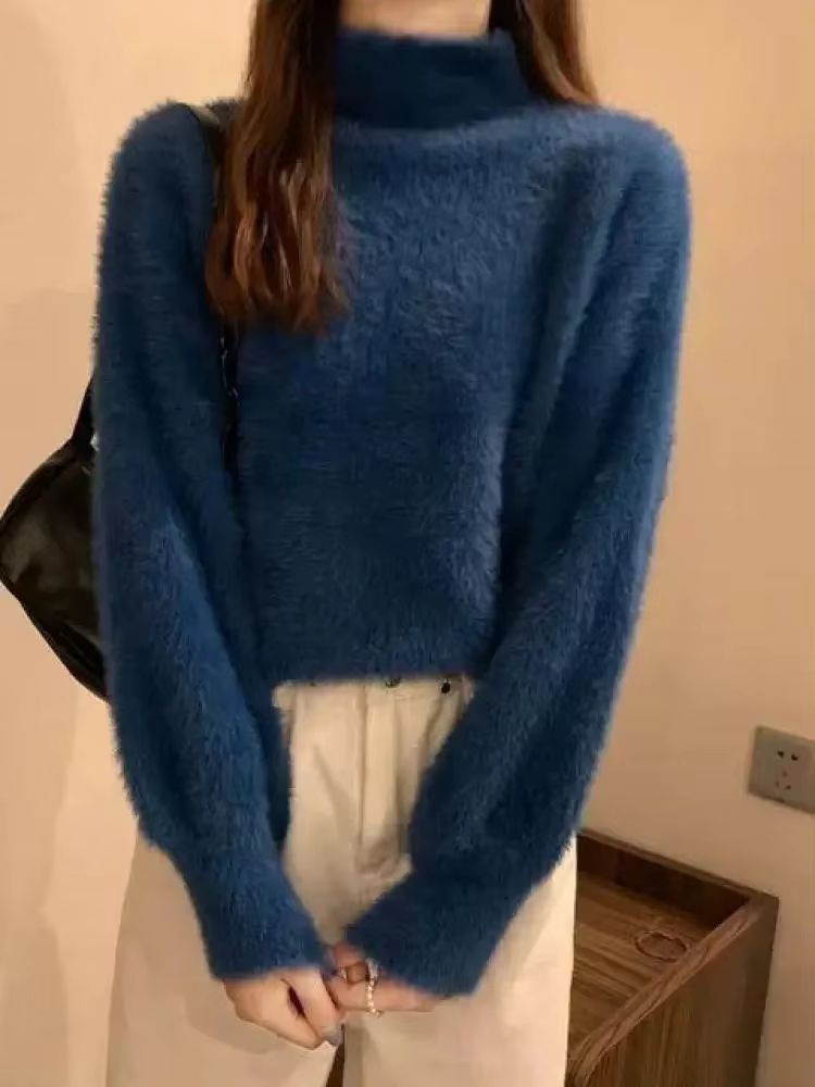 Doux chaud hauts hiver imiter laine de vison polaire chaude femme col roulé épaissir élastique pull décontracté femmes pulls tricotés
