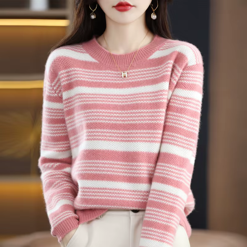 Mode nouveau Pull 2025 ample printemps automne col rond femmes rayure à manches longues haut tricoté bas chemise