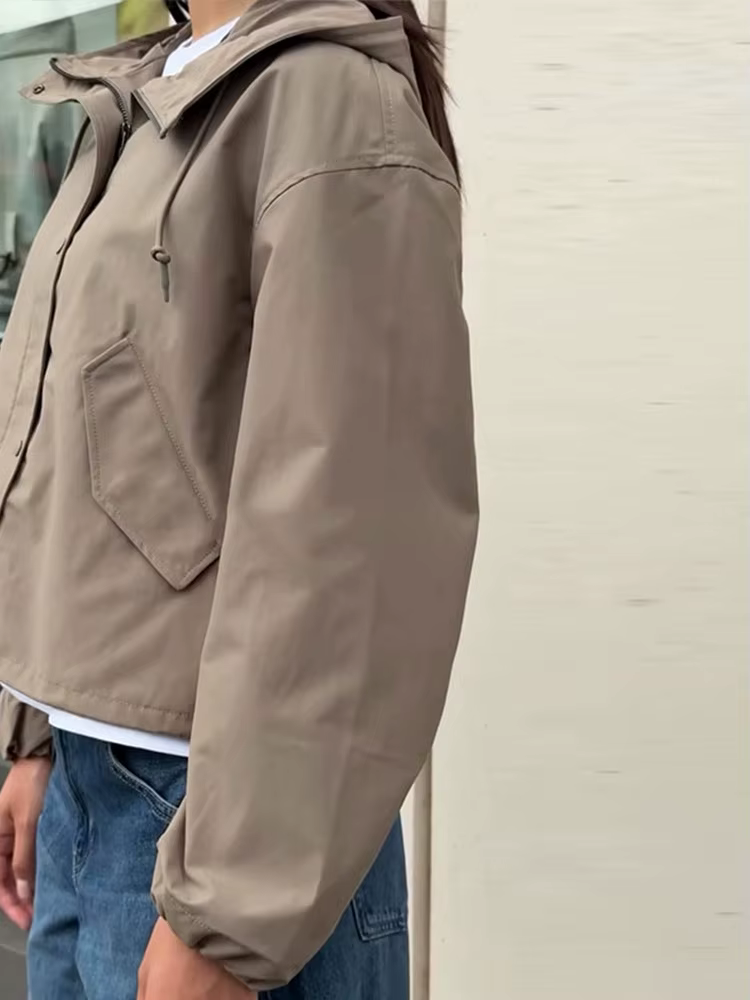 Vestes courtes décontractées à capuche pour femmes, manteaux à col montant avec boutons amples, hauts de couleur unie, vêtements d'extérieur d'automne