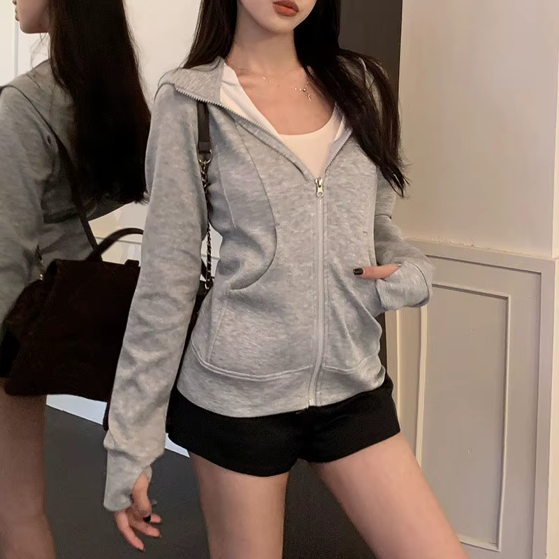 Sweat-shirt à capuche gris avec fermeture éclair pour femme