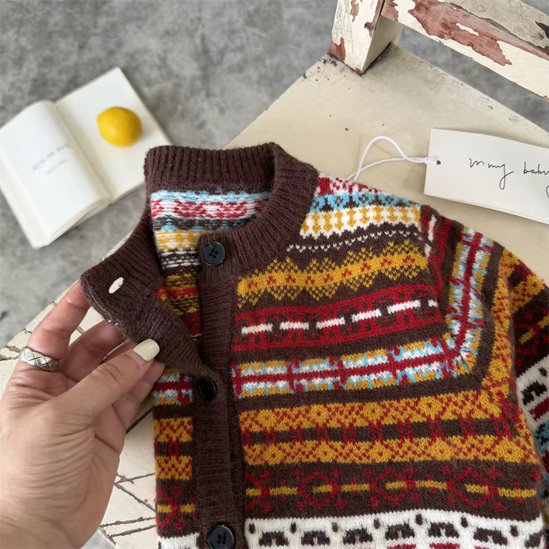 Pull pour enfants 2026 – Nouvelle collection printemps-automne-hiver – Cardigan color block pour garçons et filles – Manteau tricoté rétro pour bébé