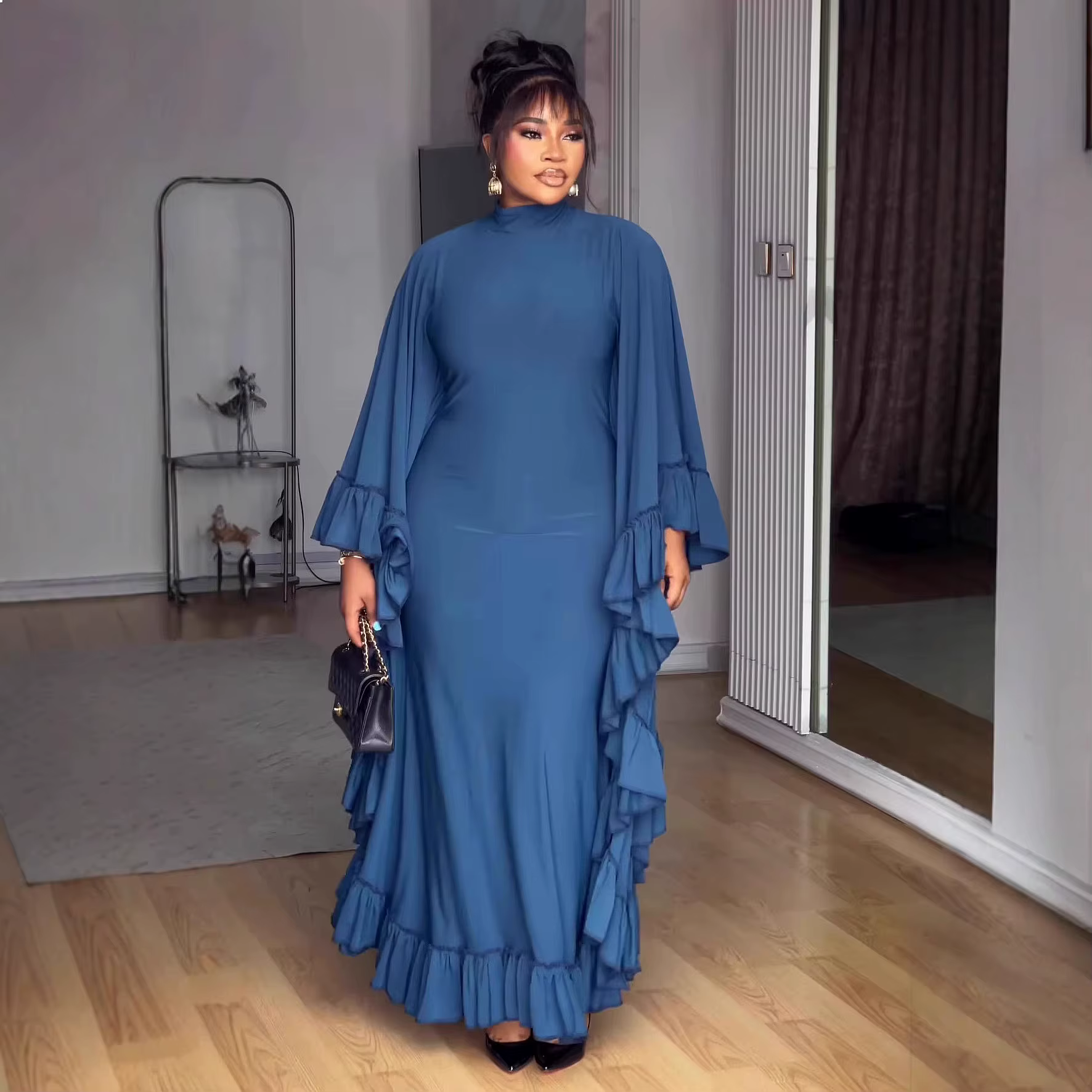 Robe longue élégante à col montant, couleur unie, taille à volants, robes trapèze pour femmes, robes maxi fluides printemps-été