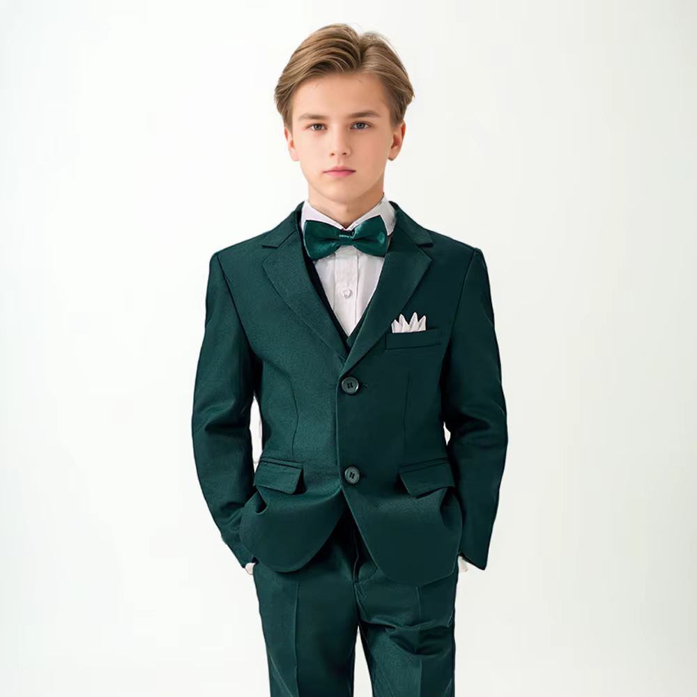 Ensemble de Costume vert haut de gamme pour garçons, Costume de photographie de mariage et d'anniversaire pour enfants, Blazer, gilet, pantalon, tenue avec nœud papillon