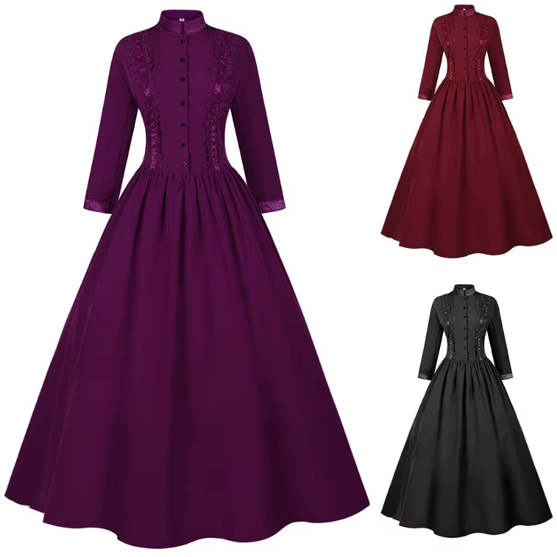 Robe longue victorienne médiévale à col montant pour femme, robe de soirée gothique rétro en dentelle, coupe sablier, pour cosplay et événements formels
