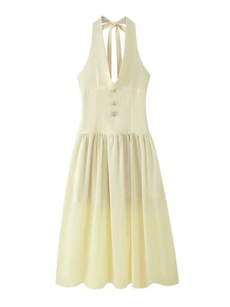 HH 2025 été licou cou robe pour les femmes mode nouveau solide serré longues robes femme Vintage élégant femme robe robes