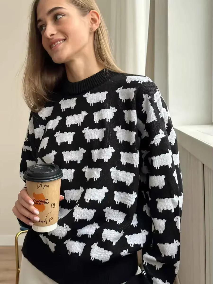 Bornladies-Pull imprimé alpaga à col rond pour femme