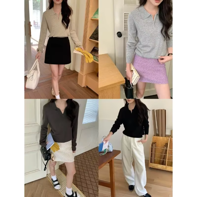 2025 Automne Nouveau pull en tricot à col polo et demi-fermeture éclair