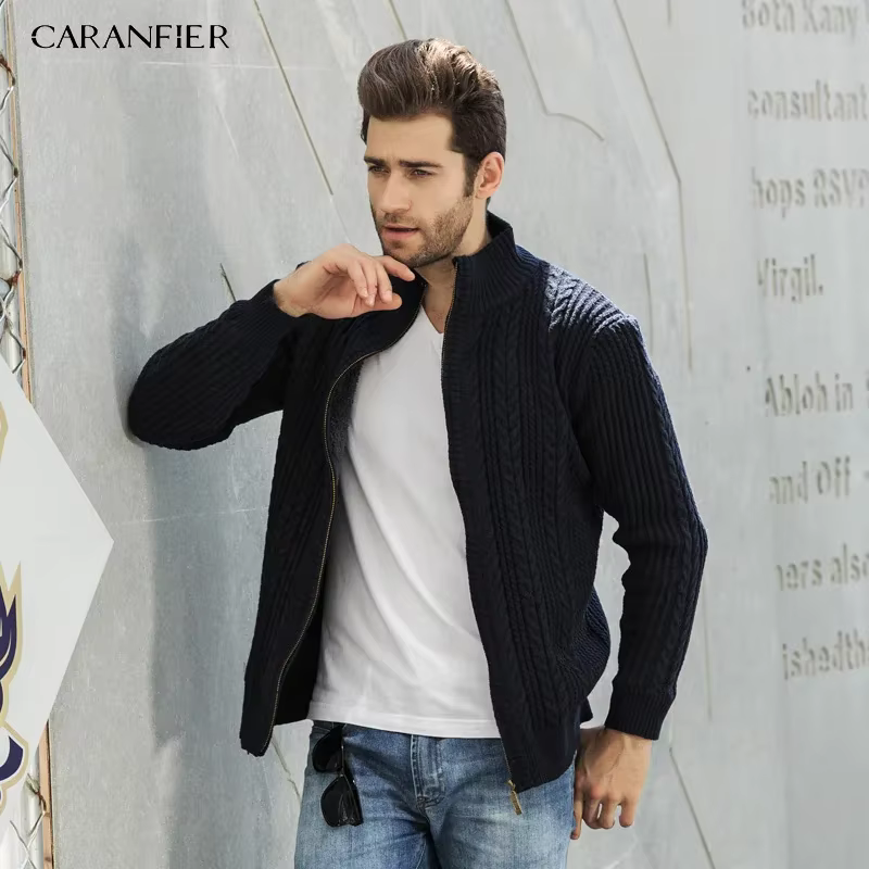 CARANFIER velours fermeture éclair marque chandails hommes tricoté Cardigan coupe ajustée vêtements solide côtelé bas pull tricots manteaux 3XL