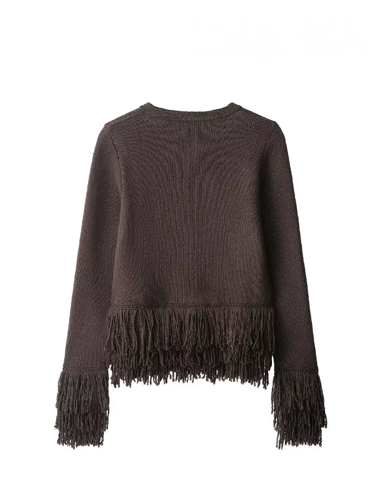 HH femmes mode automne pull manteaux solide col rond manches longues gland décoration bouton femme décontracté lâche Cardigans