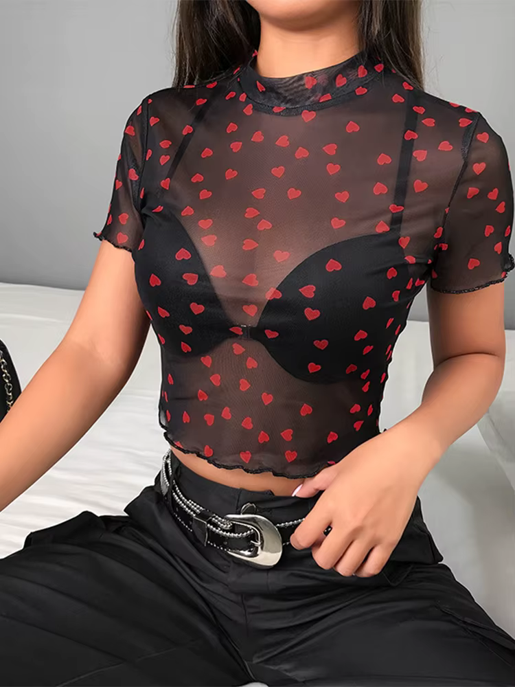 Maille chaude coeur col roulé t dessus de chemise femmes Transparent voir à travers blanc noir élastique maigre culture hauts extensible nouveau