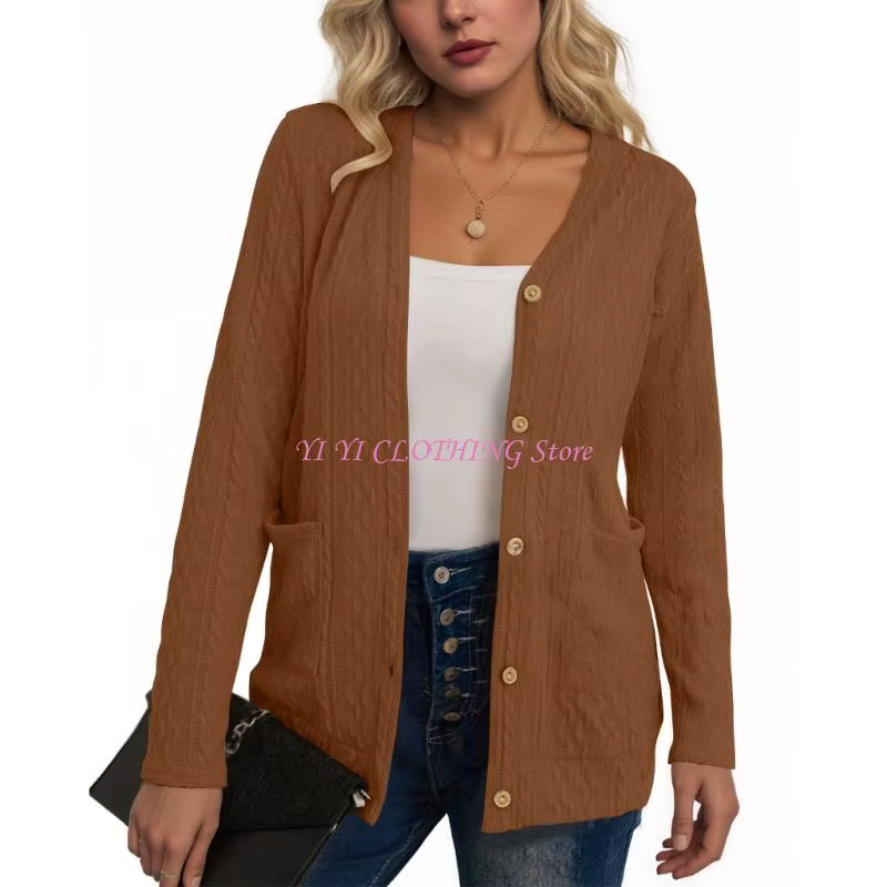 Cardigan féminin N5KF avec poches chinky Pull en tricot à manches longues boutonnées d'hiver