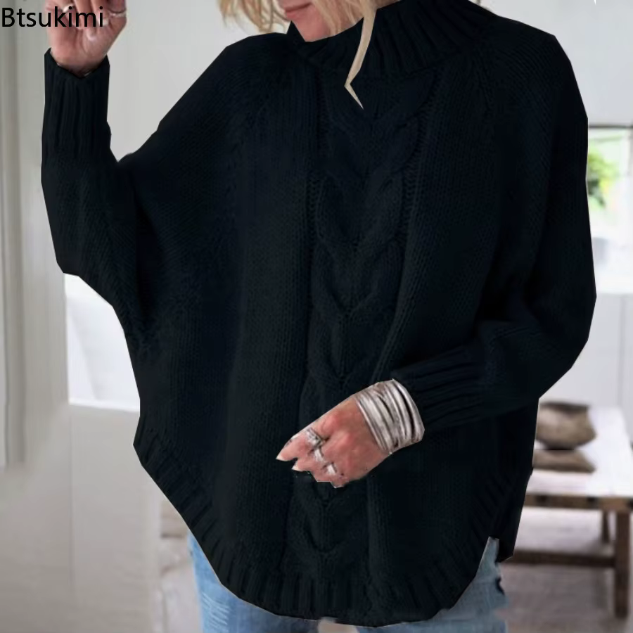 Pull-over col roulé décontracté pour femme 2026 – Basiques tricotés amples à manches chauve-souris pour l'automne et