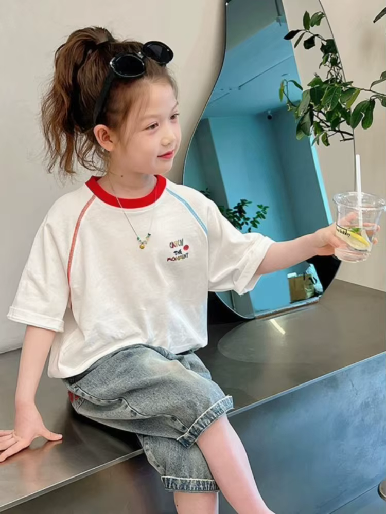 T-shirt blanc pour filles, nouvelle collection été 2026, 100 % coton, épaules tombantes, manches courtes, décontracté, pour grandes filles, coupe ample tendance