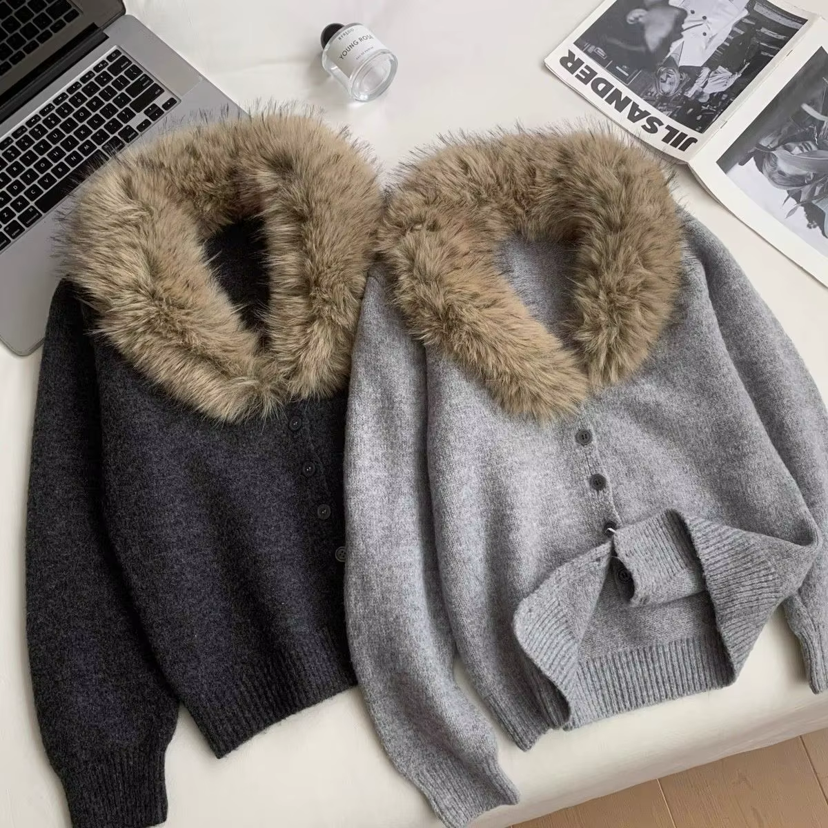 Cardigan tricoté à col en fourrure de qualité supérieure pour femme