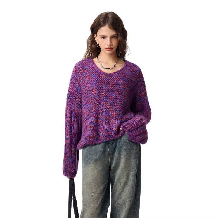 Nouvelle mode pull col en v à capuche couleur mixte pull tricoté