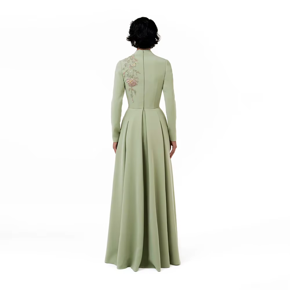 Robe de soirée vert sauge personnalisée, col en V profond, manches longues, pour femme, 2026, plissée, coupe trapèze, longue, formelle