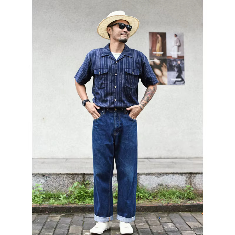 Chemise à manches courtes en jacquard pour hommes, col cubain, chemise d'été décontractée à rayures vintage pour hommes