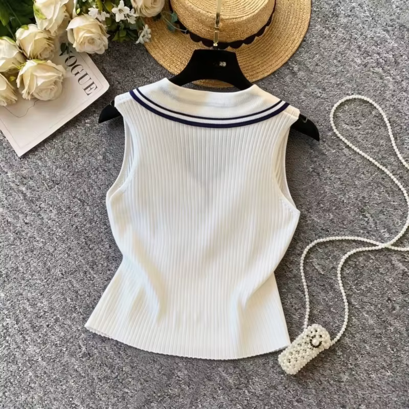 Gilet pull sans manches en maille côtelée extensible pour femme, col marin rayé bleu marine, col en V, décontracté, pour superposition
