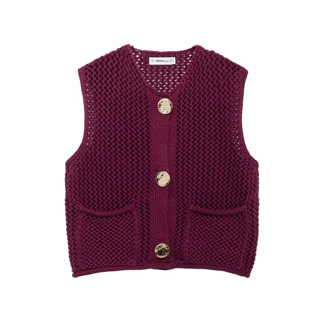 Gilet sans manches polyester vintage chic pour femmes grandes avec boutons et poches pour les occasions estivales