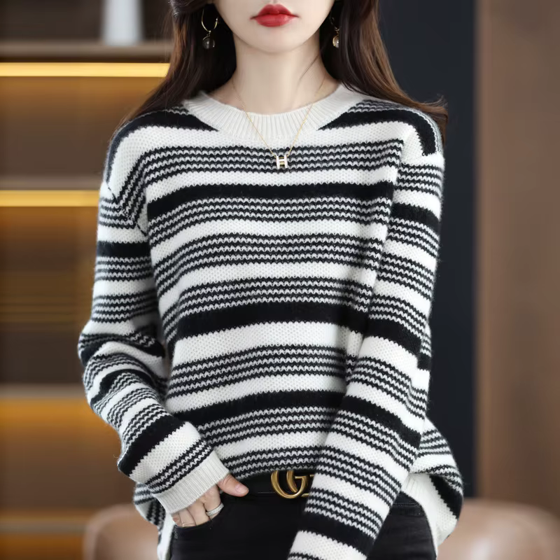 Mode nouveau Pull 2025 ample printemps automne col rond femmes rayure à manches longues haut tricoté bas chemise