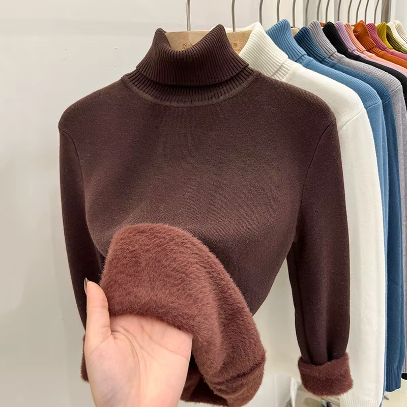 2024 col roulé hiver pull femmes élégant épaissir velours doublé chaud Sueter tricoté