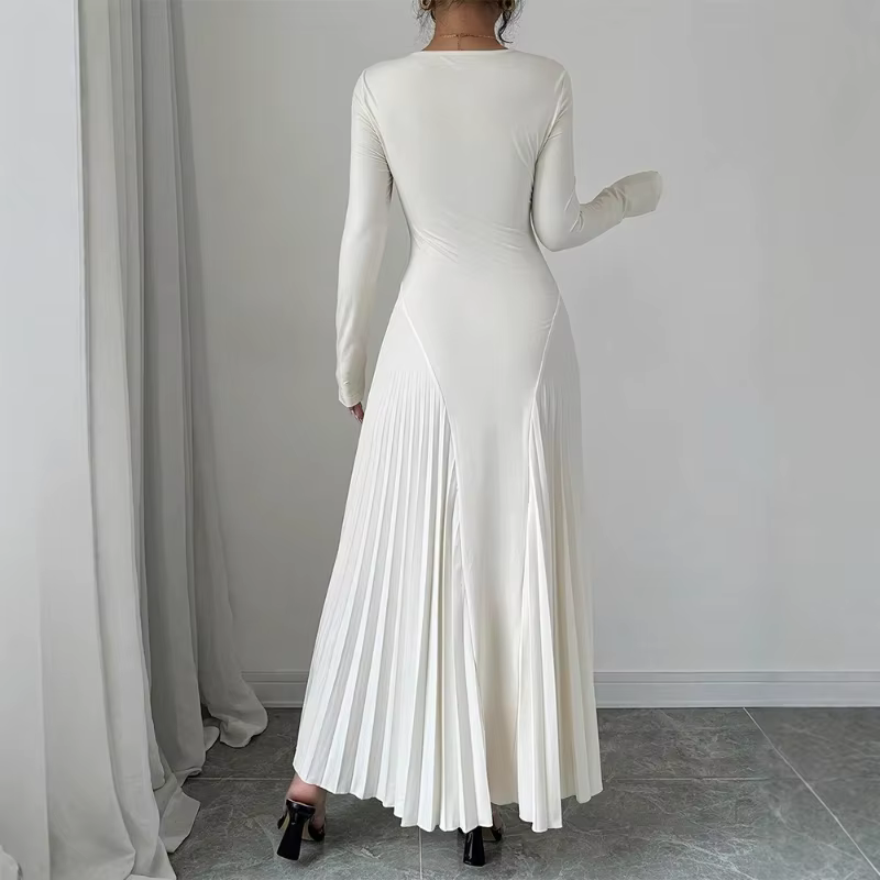 Robe tricotée à manches longues pour femmes, tenue élégante plissée pour Banquet d'automne