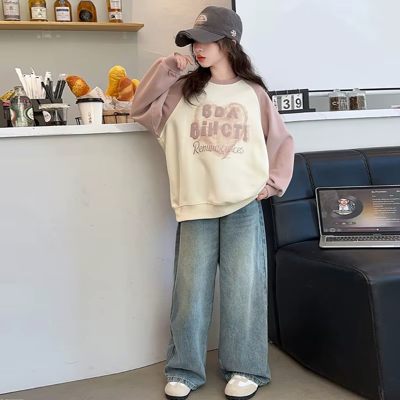 Sweat-shirt thermique pour enfants, mode d'hiver, polaire, motif cœur, vêtements roses, épais et chaud, en velours, tenue