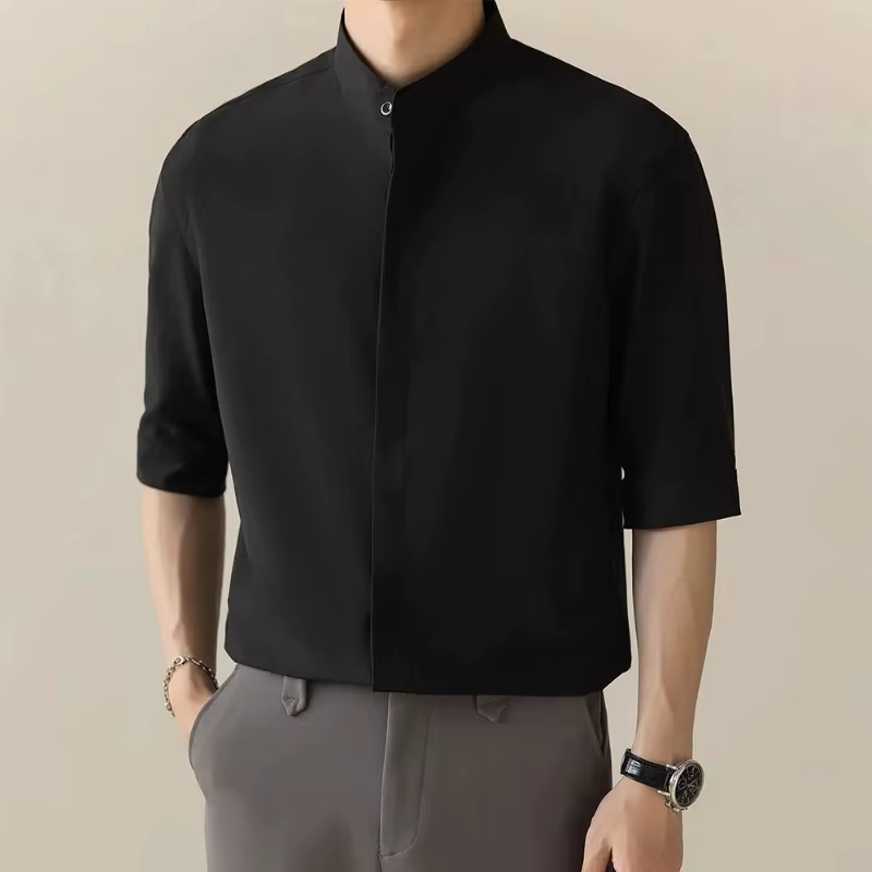 Chemise blanche pour homme à col mandarin, manches courtes, coupe décontractée, style business