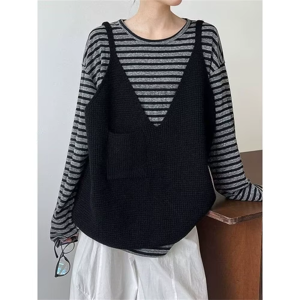 Femmes noir gris surdimensionné décontracté tricot gilet nouveau col en V sans manches pull mode printemps automne