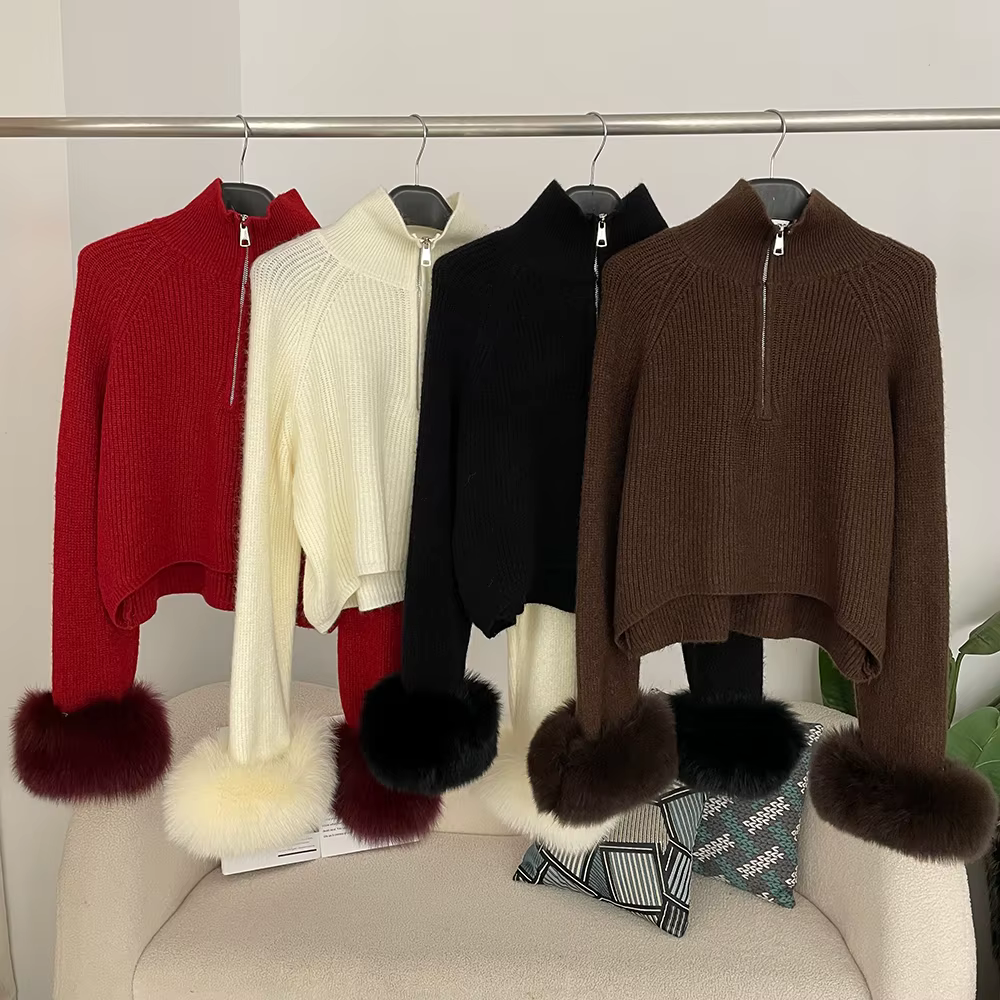 DEBAIFUR 2025 nouveau hiver doux pull fourrure de renard manchette dame mode Cardigan comprend laine femmes col haut
