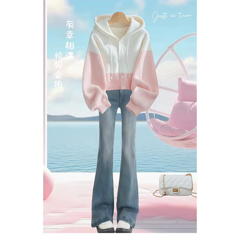 Cardigan tricoté à capuche épissé rose et blanc pour femme