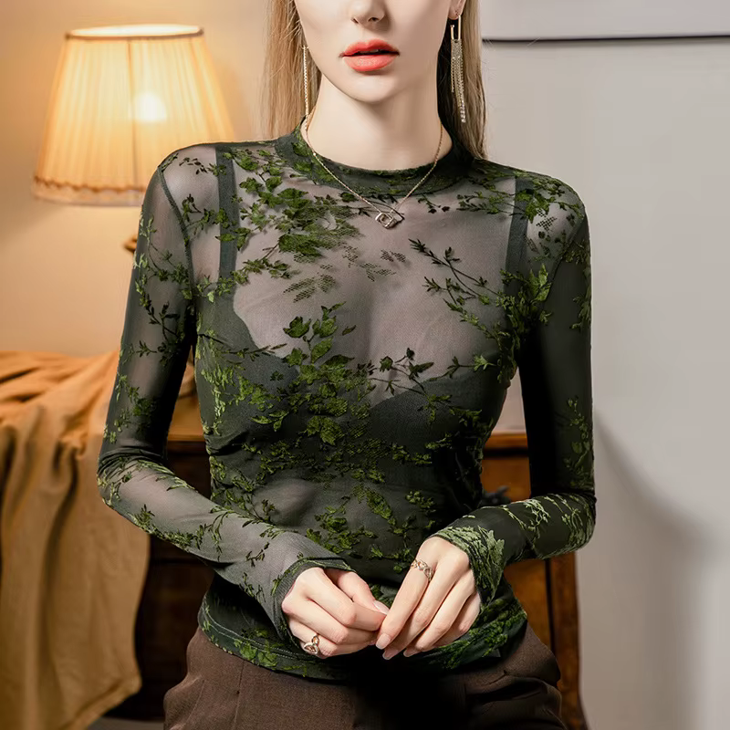 # 4258 vert maille t-shirt femmes à manches longues Sexy mince voir à travers