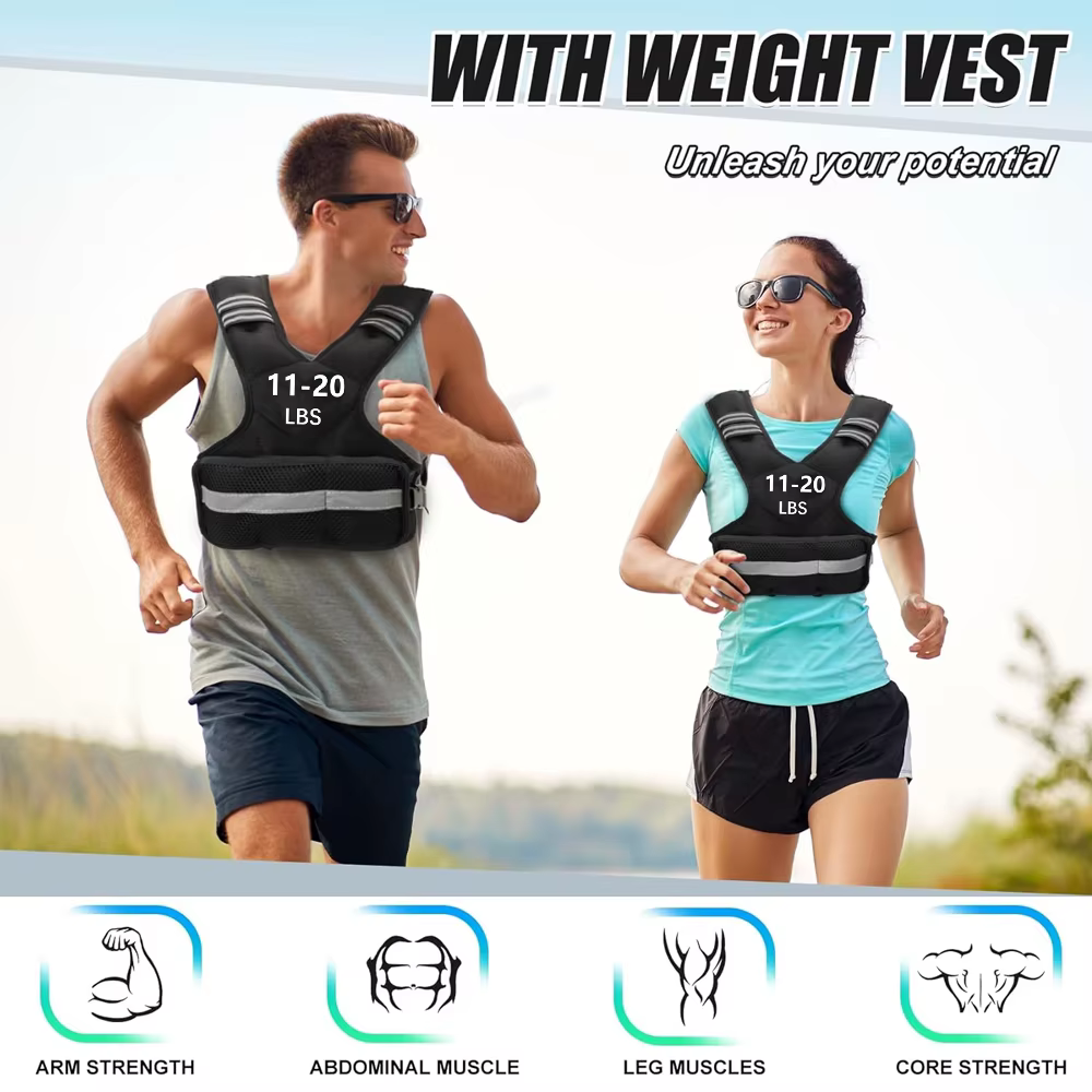 1 gilet lesté réglable, gilet d'équitation de 11 à 20 lb pour femmes et hommes avec 6 poids et grande poche, gilet de poids pour la course à pied, la marche