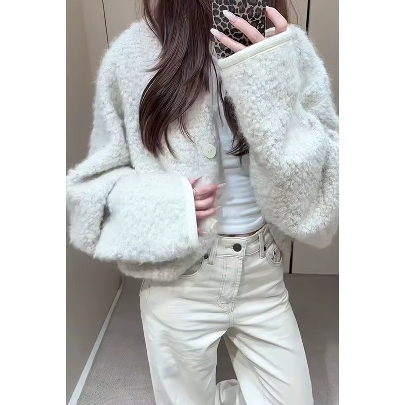 Cardigan blanc manteau d'agneau pour femme automne et hiver nouveau