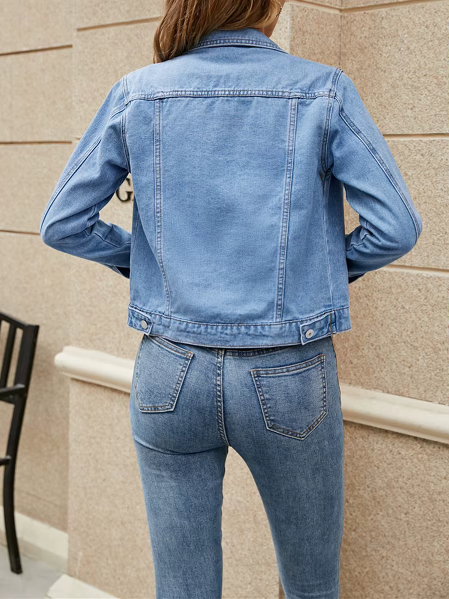 Veste en jean boutonnée à manches longues pour femme avec poche poitrine, couleur unie, noir, bleu, jaune, rose, rouge, décontracté, document