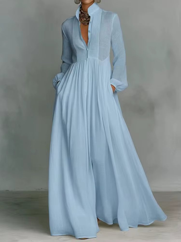 Robe de soirée élégante à col montant et manches longues, Nouvelles robes décontractées unies pour femmes Printemps 2026, Robes à poches pour femmes à simple boutonnage