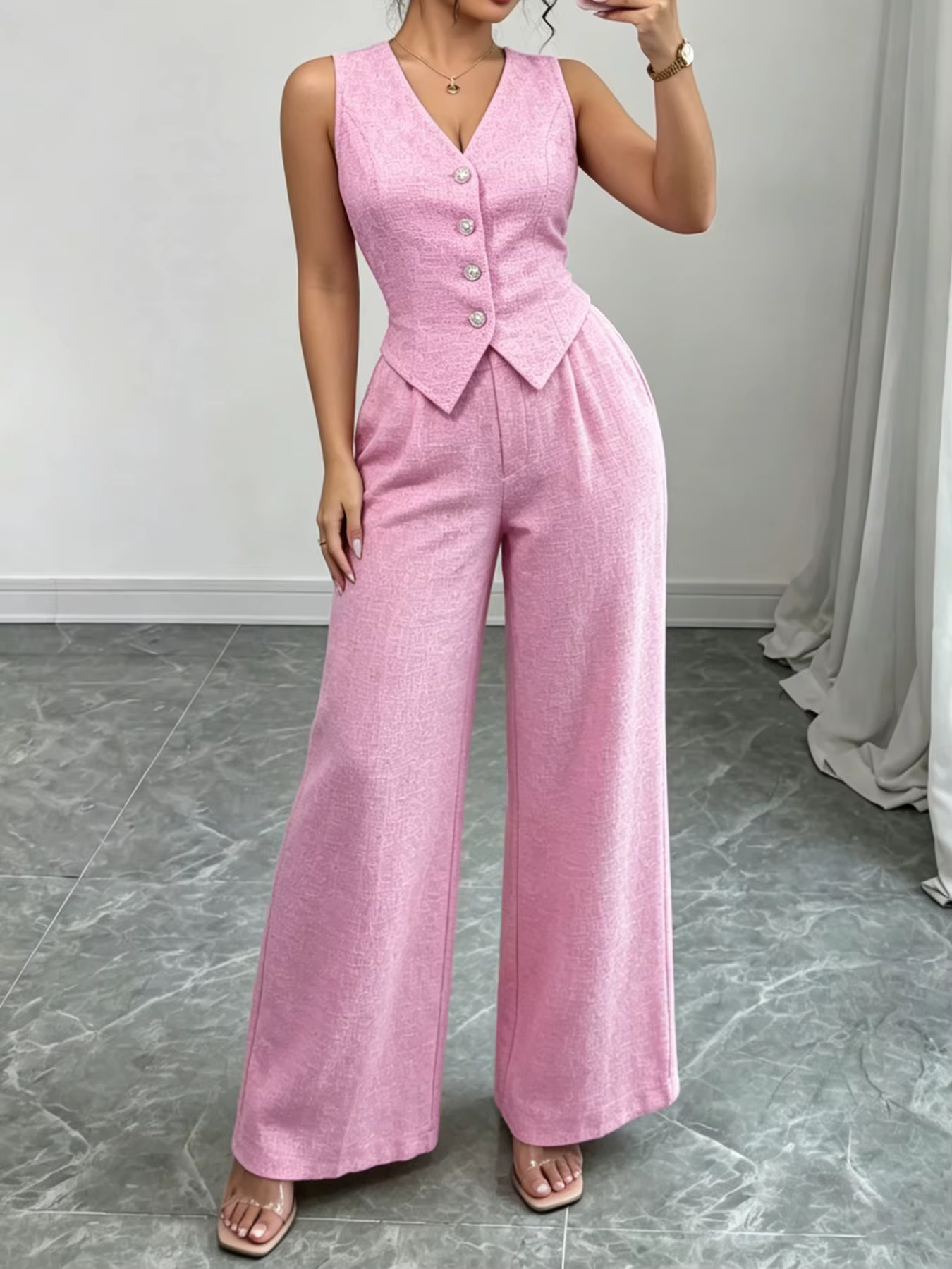 Ensemble chic pour femme : gilet rose sans manches à col en V boutonné et pantalon large taille haute en tweed – Idéal