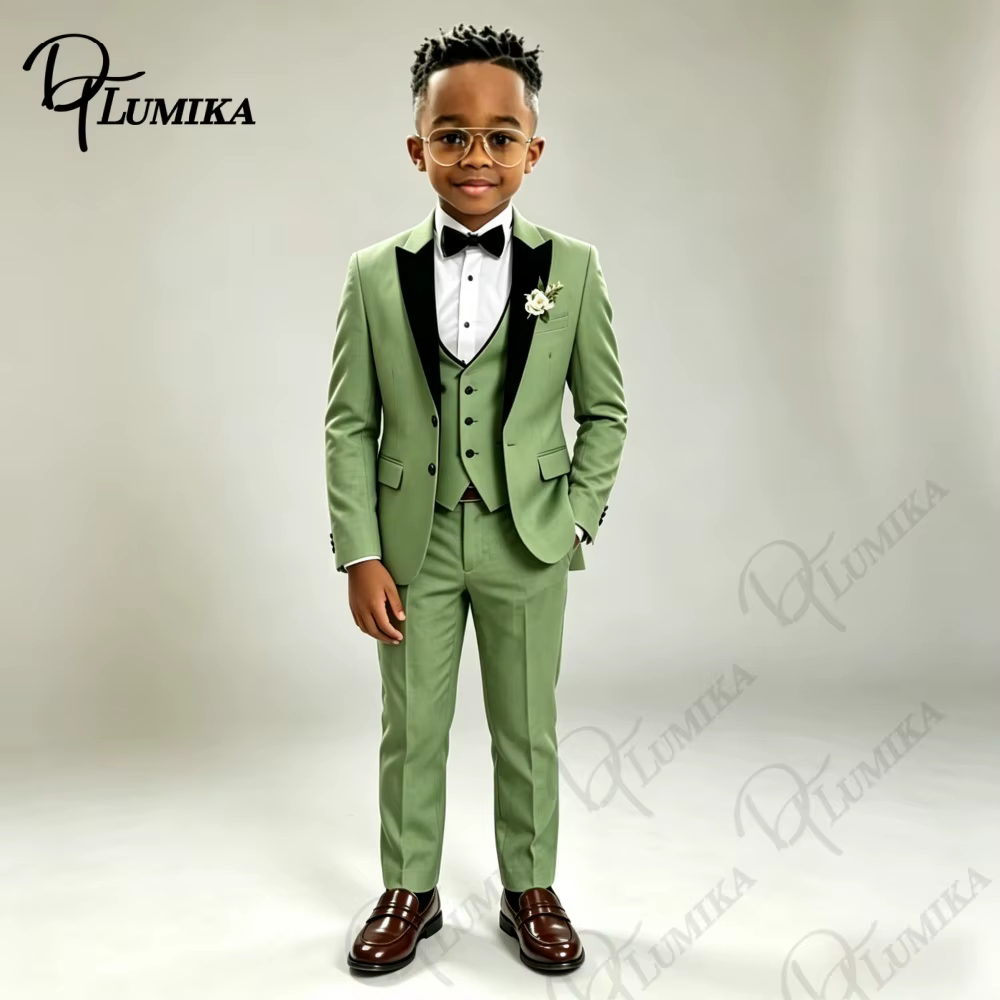 Ensemble costume vert pour garçons : veste, gilet, pantalon avec nœud papillon, blazer à revers pointus, smoking formel pour enfants pour mariage, fête, spectacle