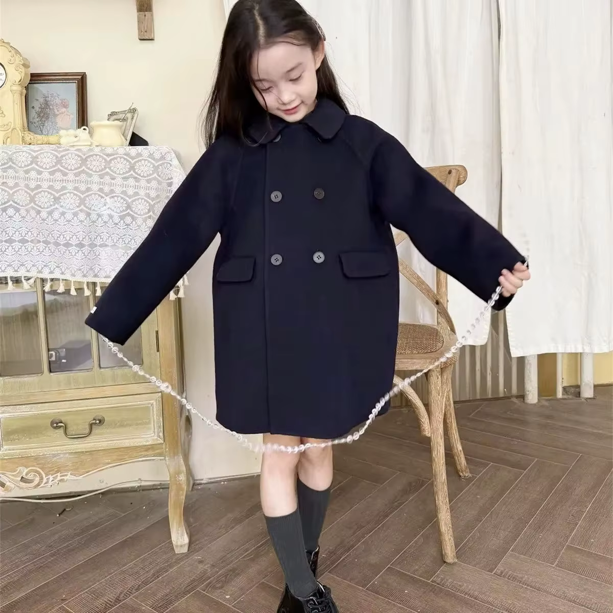 Manteau en Laine Double Boutonnage pour Filles, Nouvelle Mode, Col Claudine, Double Face, Veste Mi-Longue Polyvalente pour Enfants