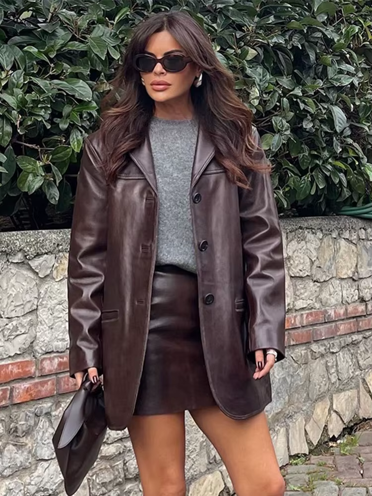 Veste en cuir PU marron vintage pour femme