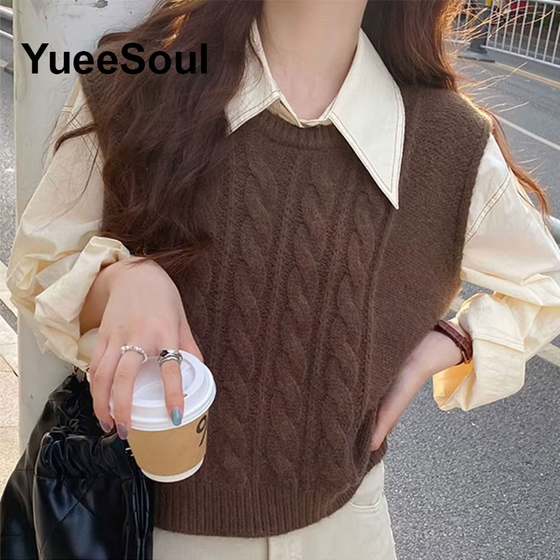 Gilet sans manches polyester ample et décontracté pour femmes, vintage haute rue, coupe ample, col rond, polyester, adaptable toute lannée, pour femmes de tous âges